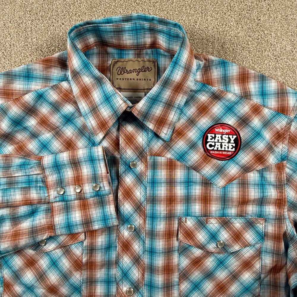 Wrangler Mens Western Plaid Long Sleeve Snap Front Shirt Blue Brown M‎